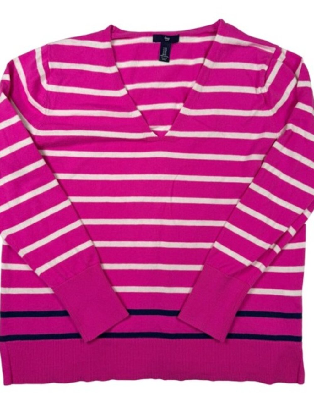 Gap V-Neck Striped Sweater Womens XL Pink White Navy Blue Excellent Cotton SP16